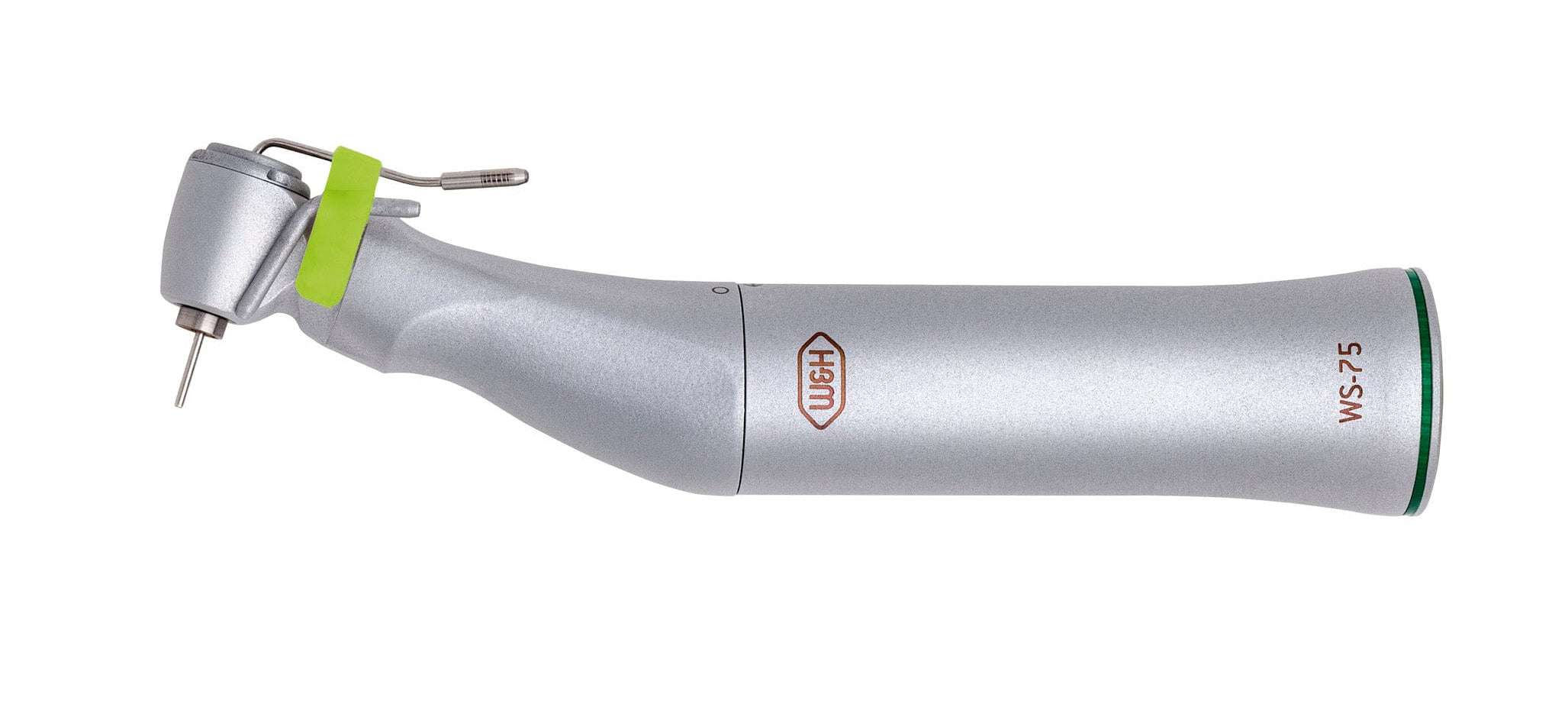 The W&H WS-75 Implant Contra-Angle Handpiece (20:1) stands upright on a white background, featuring a small drill tip and a green accent near the head—perfect for precise implant site preparation.