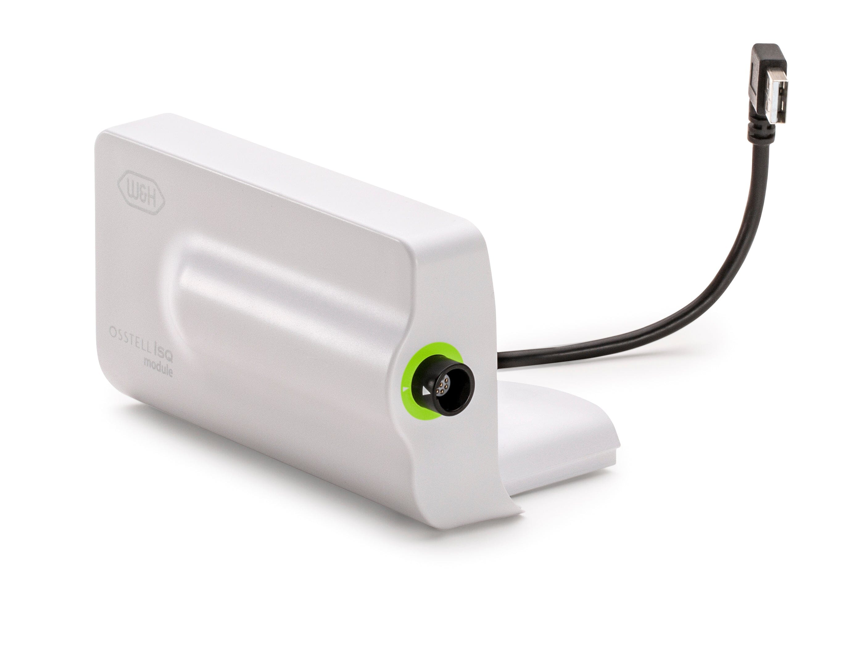 The W&H Osstell ISQ Module for Implantmed Plus SI-1015, a compact white device used to assess implant stability and measure ISQ in dental procedures, is shown with a green port and black cable on a white background.