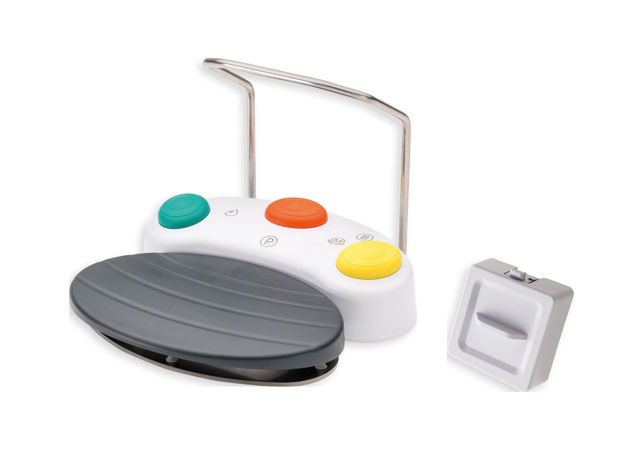 The W&H Foot Control for Implant Motors and Surgical Systems features three colored buttons (green, orange, yellow), a metal handle, a large gray pedal, and a separate rectangular gray accessory, all shown on a white background.