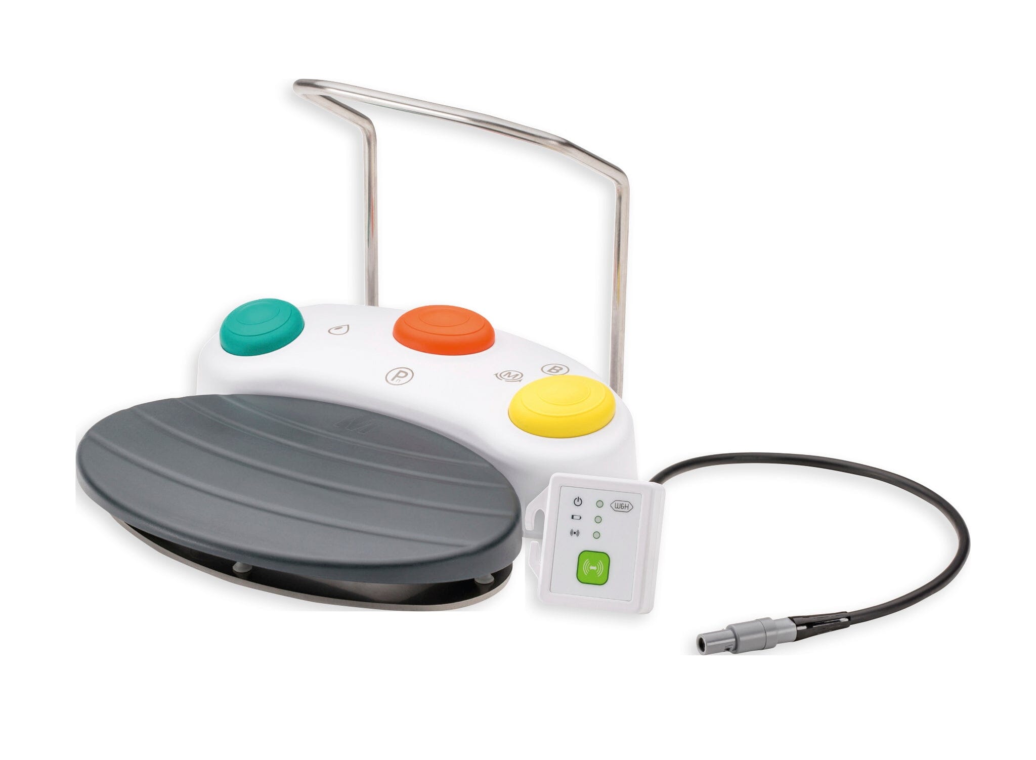 The W&H Foot Control for Implant Motors and Surgical Systems features large yellow, orange, and green buttons, a footrest, compact control box with buttons, and black connector cable—perfect as an upgrade or replacement. Shown on a white background.