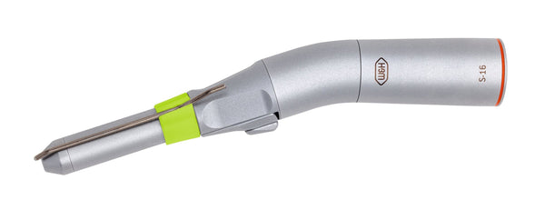 The W&H S-16 Angled Surgical Handpiece (1:2 Increasing Speed) by W&H features a green band, ergonomic silver design, and a slight angle, making it ideal for oral surgery procedures.