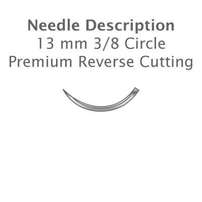 A 13 mm, 3/8 circle, premium reverse cutting Resorba PGA Absorbable Braided Dental Suture (Violet) needle is shown below, ideal for periodontal procedures using polyglycolic acid suture.