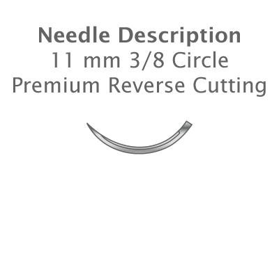Resorba PGA Sutures (Absorbable Braided Dental Sutures, Violet) by Resorba: 11 mm, 3/8 circle curved needle, premium reverse cutting, displayed on a light background—ideal for periodontal use. Descriptive text is shown above the needle.