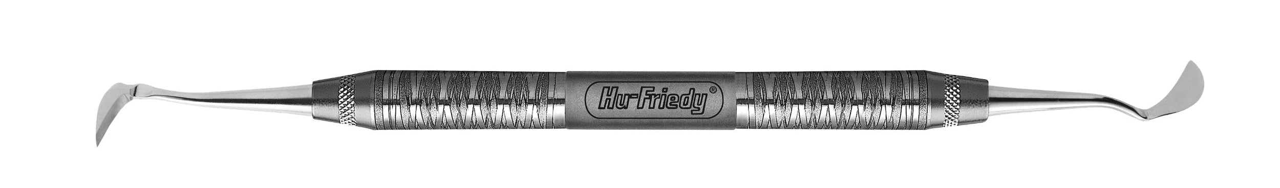 The Hu-Friedy Buck Periodontal Knives by Hu-Friedy are double-ended dental instruments with metal handles and varied curved tips, commonly used as periodontal surgical knives.