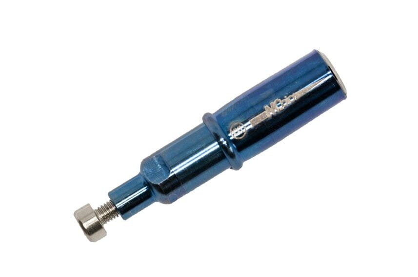 The B1 Scraper Tank & Blade - Offset 2XL (9 mm) is a blue metal spoke wrench with a silver bolt, designed for adjusting 9 mm bicycle spokes—perfect for bike maintenance.