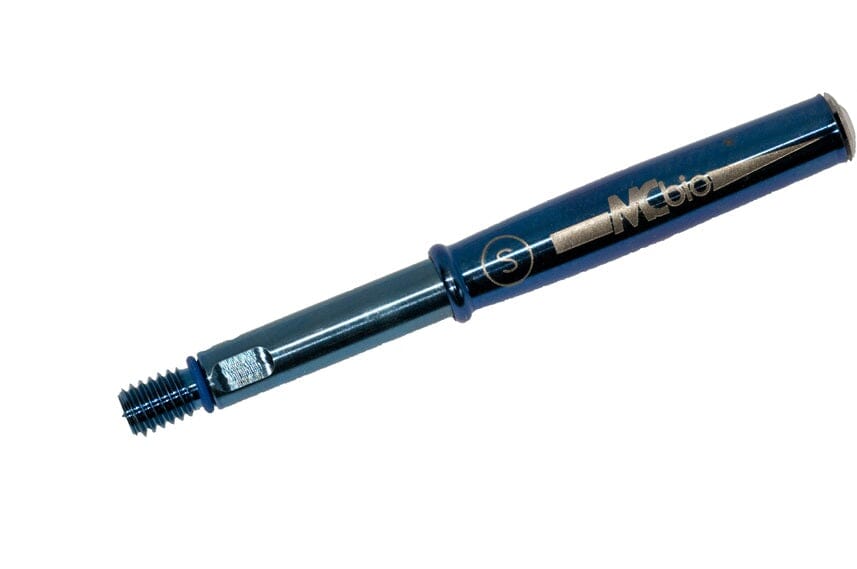 A blue metallic STS Bone Collector by McBio, featuring a hexagonal end and threaded tip for GBR grafting procedures, is shown isolated on a white background.
