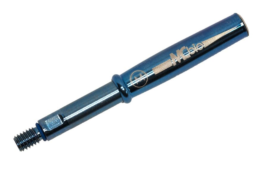 The McBio Straight Tank & Blade Refill - STS Bone Collector is designed for use with titanium bone harvesting assemblies during GBR grafting, featuring a blue metallic finish and threaded end for easy core removal.