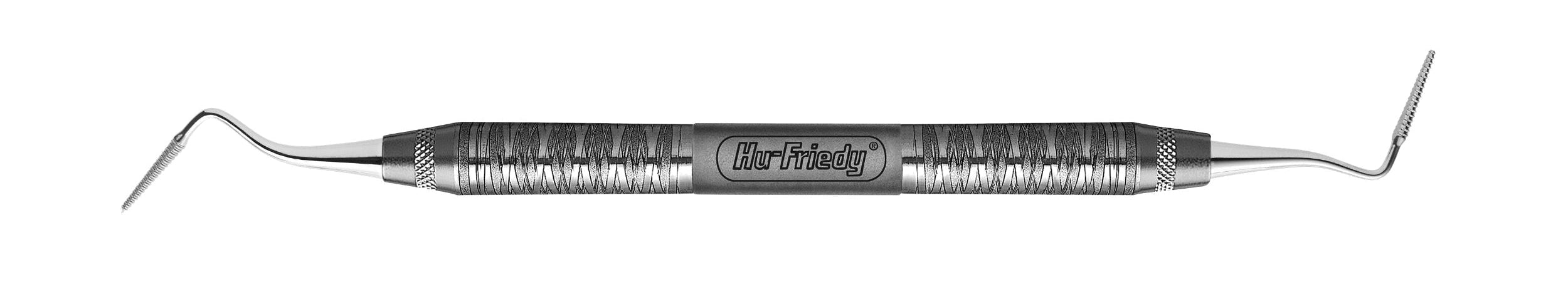 The Hu-Friedy Sugarman Periodontal Surgical Files feature a double-ended design with textured grips and fine, curved tips on both ends for interproximal cleaning. The handle is engraved with the Hu-Friedy brand name.