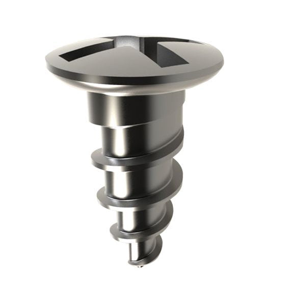 A close-up of a shiny, self-drilling titanium screw with flat, slotted head and spiral threads against a white background—ideal for use with the Osteogenics Pro-Fix Membrane Fixation Intro Kit.