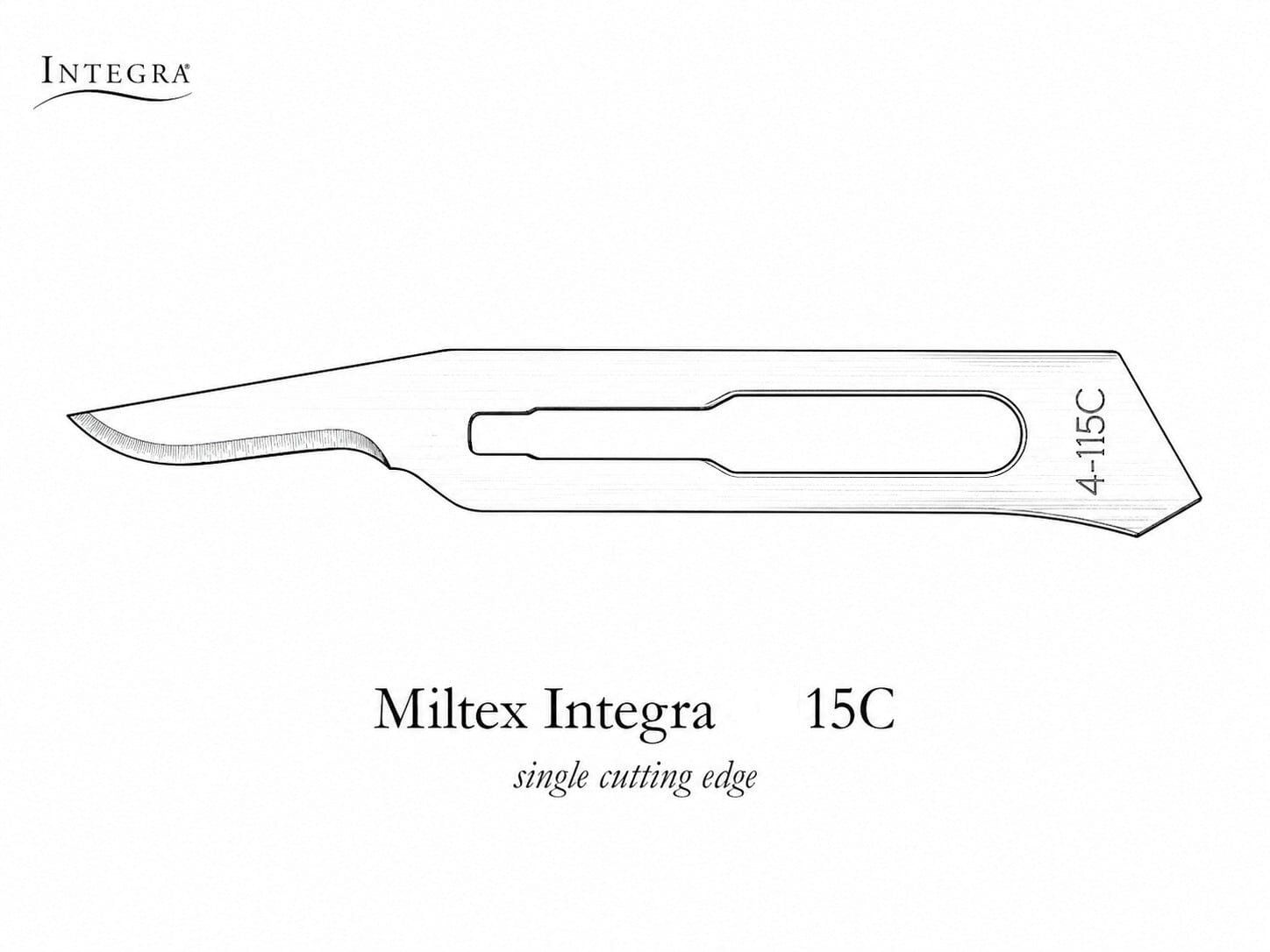 A Miltex Integra Stainless Steel Scalpel Blade 15C has a single cutting edge, with "Miltex Integra" and model number 4-115C etched on the blade.