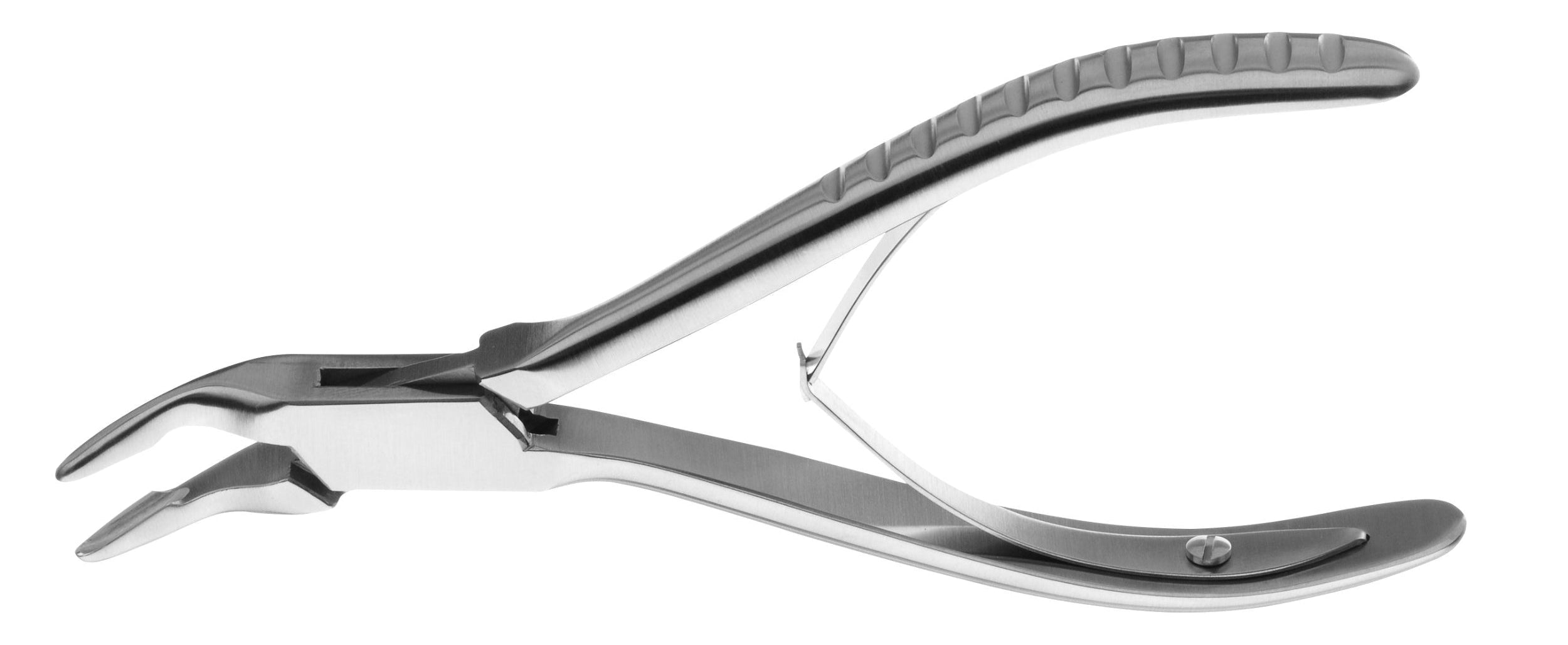 The Hu-Friedy Blumenthal 45 degree Rongeurs by Hu-Friedy is a stainless steel dental plier with grooved handles and a spring mechanism, shown standing upright on a white background.