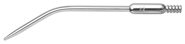 A close-up of the Quality Aspirators Surgical Aspirators – Mid-Bend, 1/4" stainless steel, 7.5", with surgical tubing, designed for dental procedures and featuring an angled tip and threaded end.