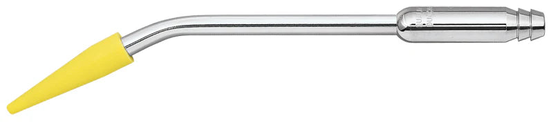 The 46YST HVE Surgical Aspirator with Silicone Tip by Quality Aspirators is a stainless steel dental suction tip with a yellow autoclavable silicone end, designed for efficient fluid evacuation during procedures.