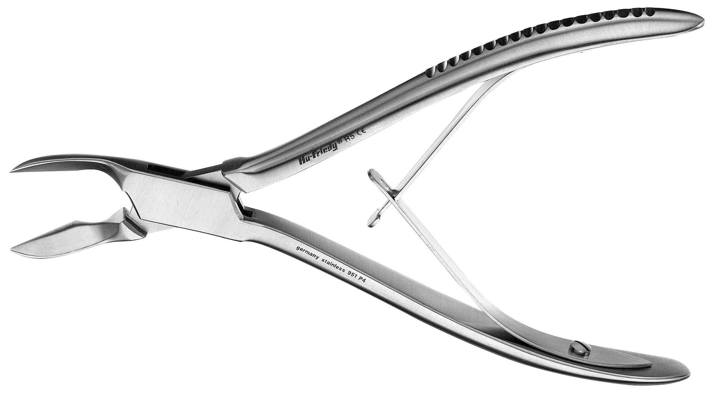 The Hu-Friedy Numbered Pattern Rongeurs (R1, R15, R18, R5) by Hu-Friedy are stainless steel instruments with curved handles and a locking mechanism for grasping and removing teeth or alveolar bone during oral surgery, shown on a white background.