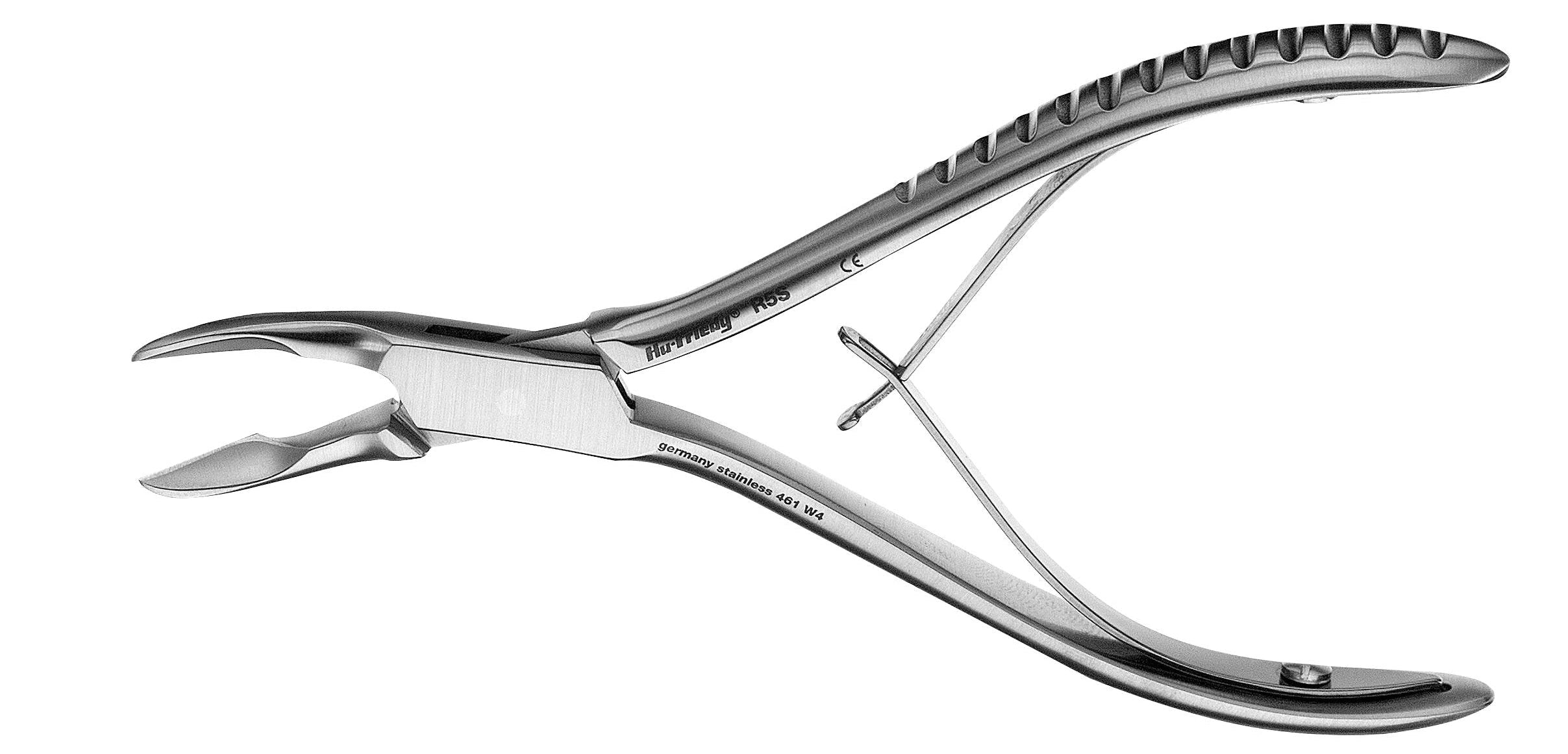 The Hu-Friedy Cleveland Rongeurs from Hu-Friedy are stainless steel dental forceps with curved handles, a spring mechanism, notched grip, and a shiny metallic finish, designed for tooth removal and oral surgery.
