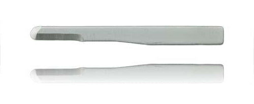 A silver, flat, rectangular Surgistar Miniature Scalpel Blade – Non Malleable is shown from the side with one rounded and one notched end, reflected below on a white background.