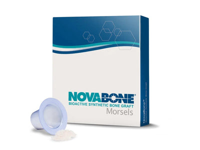 A box labeled NovaBone® Morsels – Synthetic CPS Bone Graft Particulate (1.3cc) stands upright with a small cup of white granular powder, highlighting its dental bone regeneration use. The packaging displays blue and teal accents with hexagonal graphics.
