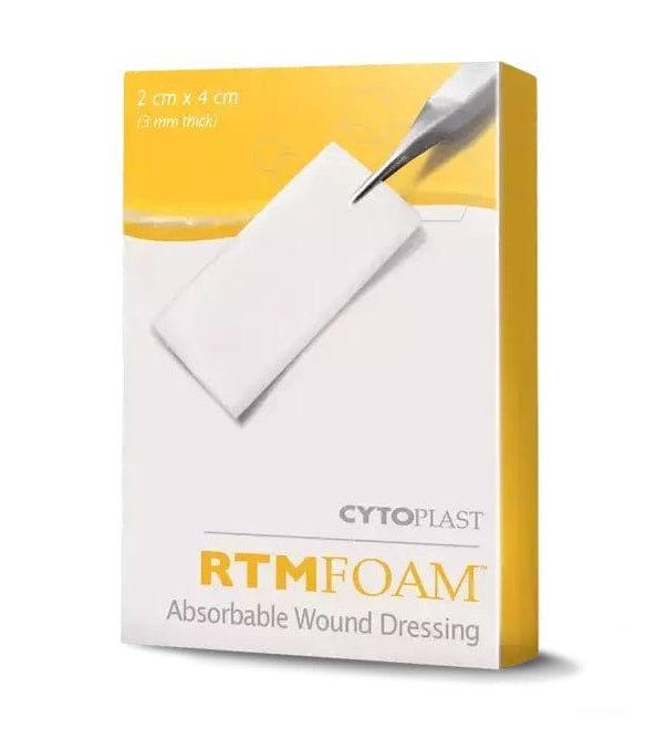 A box of Osteogenics RTMFoam Resorbable Bovine Collagen Wound Sponge (2 x 4 cm x 3 mm, 10 count) featuring an image of a white foam pad with tweezers on yellow and white packaging—ideal for soft tissue regeneration.