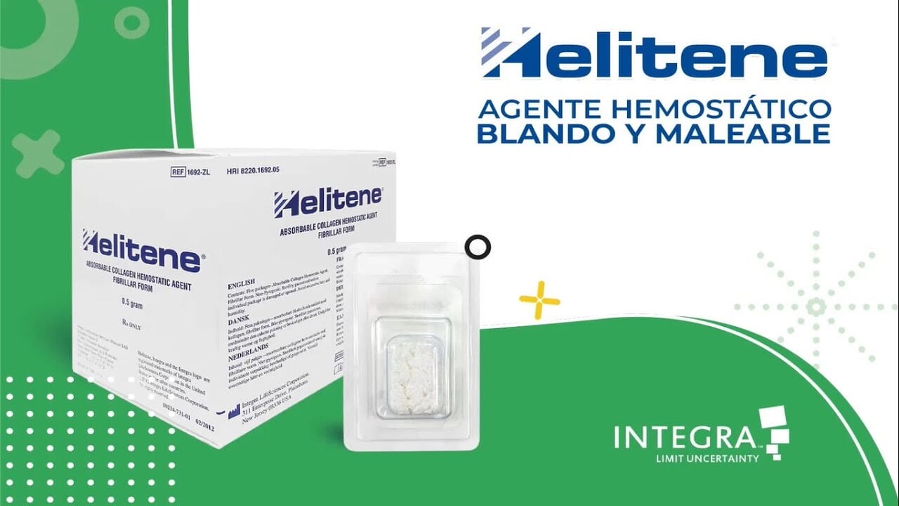 Helitene® 1692ZL Absorbable Collagen Hemostatic Agent (0.5 g Fibrillar, Pack/5) by Integra, with Spanish text and company logo, displayed on a green and white background.