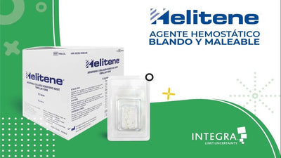 Helitene® 1692ZL Absorbable Collagen Hemostatic Agent (0.5 g Fibrillar, Pack/5) by Integra, with Spanish text and company logo, displayed on a green and white background.
