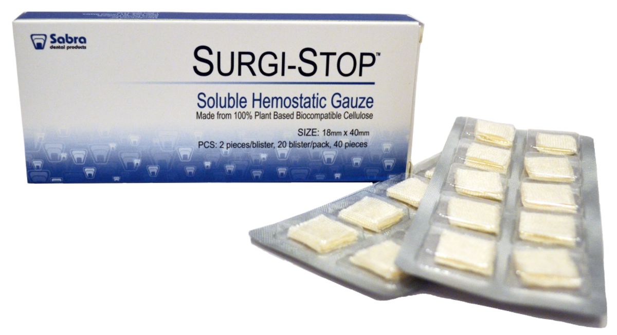 A box labeled Surgi-Stop™ Soluble Hemostatic Dental Gauze Dressing by Sabra, containing two blister packs with small regenerated cellulose pads for bleeding control, is displayed in front.