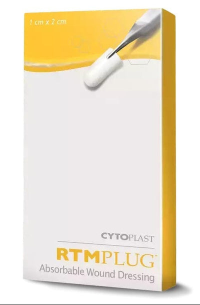 A box of Osteogenics RTMPlug Resorbable Bovine Collagen Wound Plug (10 x 20 mm, Box of 10), with product image on top and details on the white and yellow front, ideal for socket grafts and dental wound care.