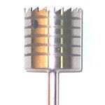 Close-up of a Dentech Bone Trephine by Dentech—a cylindrical metal rotary cutter with vertical grooves and jagged edges, attached to a thin rod, used in implant surgery, isolated on a white background.