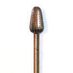 The Pfingst Vanadium Steel Crosscut Bur Bud Shape 6.0mm HP J-Notch features a rounded, ridged head and straight shank, displayed against a plain white background.