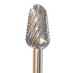 Close-up of Meisinger Stainless Steel Trimming Bur, 6mm round taper HP Rippled, featuring spiral grooves for cutting, shaping, or grinding in machining or dental applications.