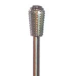 The Pfingst Vanadium Steel Crosscut Bur Pear Shape 6.0mm HP J-Notch features a textured, grooved cutting head and smooth handle, ideal for grinding or shaping materials.