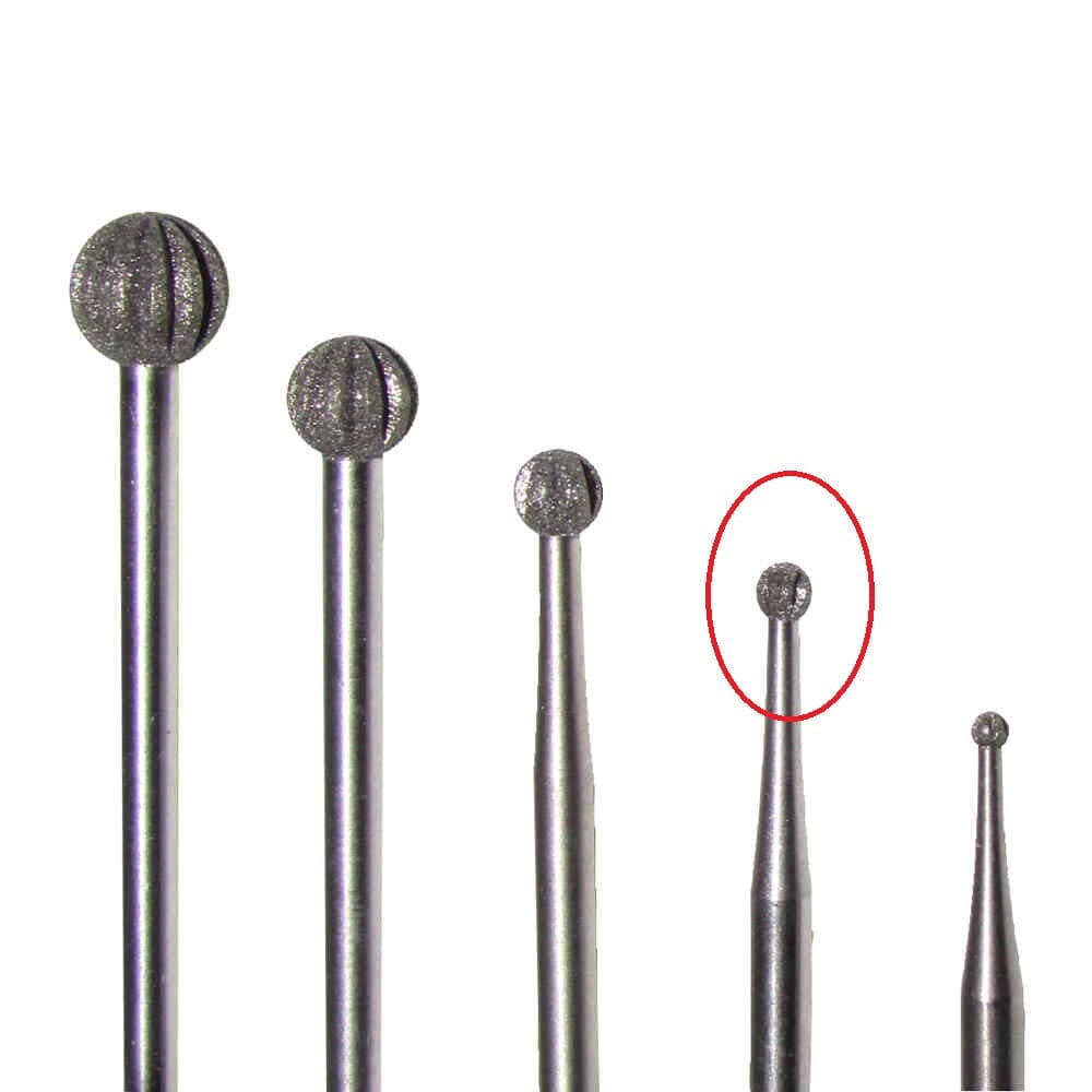 Five Dentech DIAMOND BUR ROUND bits in various sizes, including a 2.0mm, stand vertically on a white background; the second smallest is highlighted with a red oval.