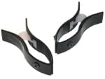 The Xemax ECG Monitor Wrist Clip (2/pk) features two black, wavy-shaped metal clips with mounting holes, positioned side by side on a white background, resembling clips used for secure ECG lead attachment.