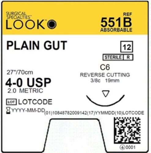 Label for LOOK Plain Gut Sutures—natural, absorbable dental sutures by Look, 4-0 USP (27"/70cm) with a 19mm reverse cutting needle—ideal for dental wound support. Lot/ref. numbers and QR code included at bottom right.