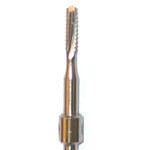 A close-up of the Dentech Lindemann Bur 2.3mm (471RF/023) – Internally Irrigated, featuring spiral cutting edges similar to a screw tap, designed for precise internal bone cutting in surgical procedures.