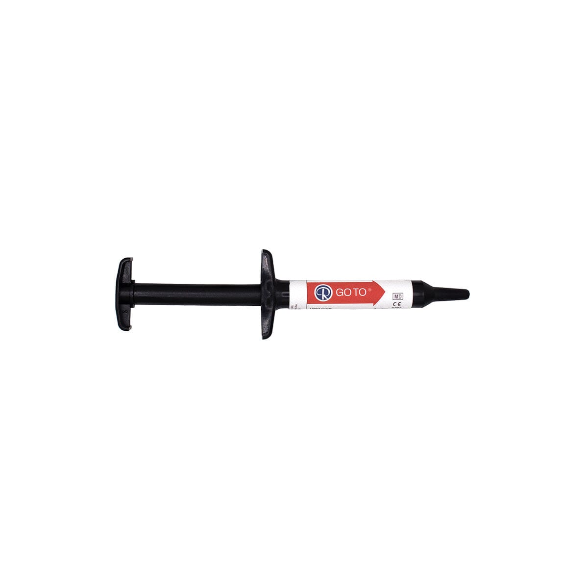 A black GoTo Adhesive Paste – 4g Push Syringe by Reliance, shown unused and horizontal on a white background, dispenses orthodontic adhesive formulated for reliable bracket bond strength.