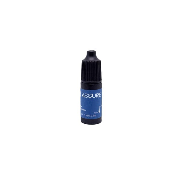 A small black plastic bottle with a ridged cap and blue label reading "ASSURE" stands upright on white. It's the Assure® Light Cure Bonding Primer & Enhancer (formerly Aqua Bond) by Reliance, a universal dental bonding resin.