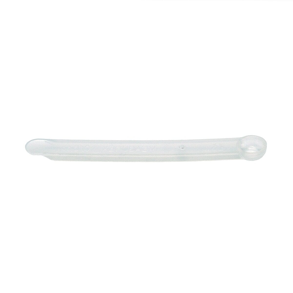 A clear, flexible, cylindrical silicone medical tube—shaped like a dental scoop—with a rounded closed end and small side hole; shown isolated on white. Reliance Cusp-Lok Powder DC Scoop nasopharyngeal airway.