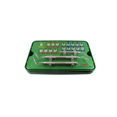 The Power Dental Group Crestal Approach Sinus Kit is a green dental tool kit with metal instruments and color-coded attachments, organized in labeled compartments for minimally invasive sinus lift procedures.