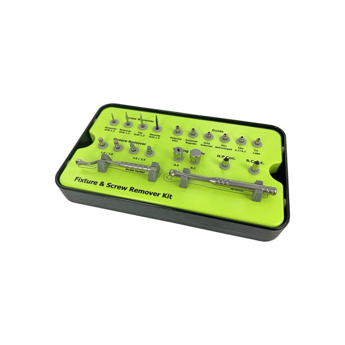 The POWER Screw & Fixture Universal Removal Kit by Power Dental Group includes assorted metal tools and attachments in a black and yellow tray, clearly labeled for dental implant retrieval and surgical use.
