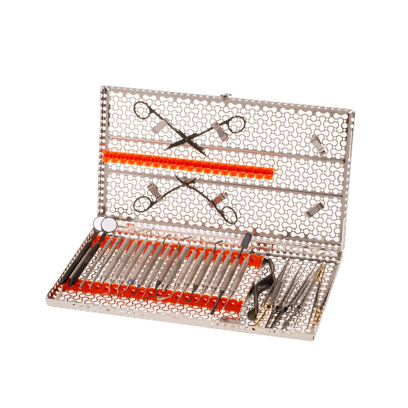 The Hu-Friedy Jovanovic Implant/Bone/Soft Tissue Kit is a metal surgical tray with an open lid, organized tools for implant or sinus lift surgeries secured by orange silicone holders, and a perforated, patterned design.