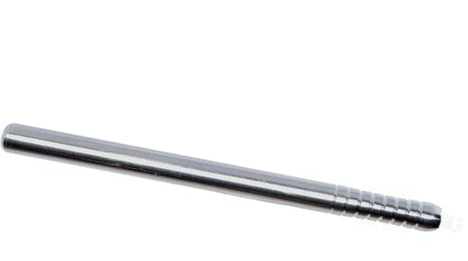 A shiny, cylindrical McBio Straight STS Bone Collector Handle | Reusable, with grooves on one end, is positioned diagonally on a white background.