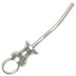 The Bone Carrier Syringe - 3mm - closed tip by Xemax Surgical Products Inc. is a stainless steel dental instrument with a curved, narrow nozzle and finger ring handle, designed for efficient fluid removal in medical procedures.