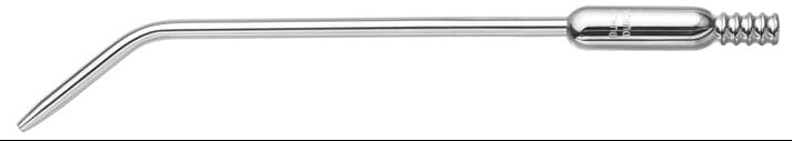 The Quality Aspirators Surgical Aspirators feature a 45° tapered tip, are 7.5" long, and connect to surgical tubing for use as a stainless steel dental suction device during procedures.