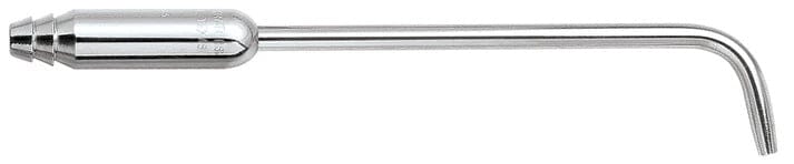 The Quality Aspirators Surgical Aspirator - 90° Right Angle (HVE) is a stainless steel device with a straight shaft and right-angle tip, ideal for fluid or material extraction during surgical procedures.