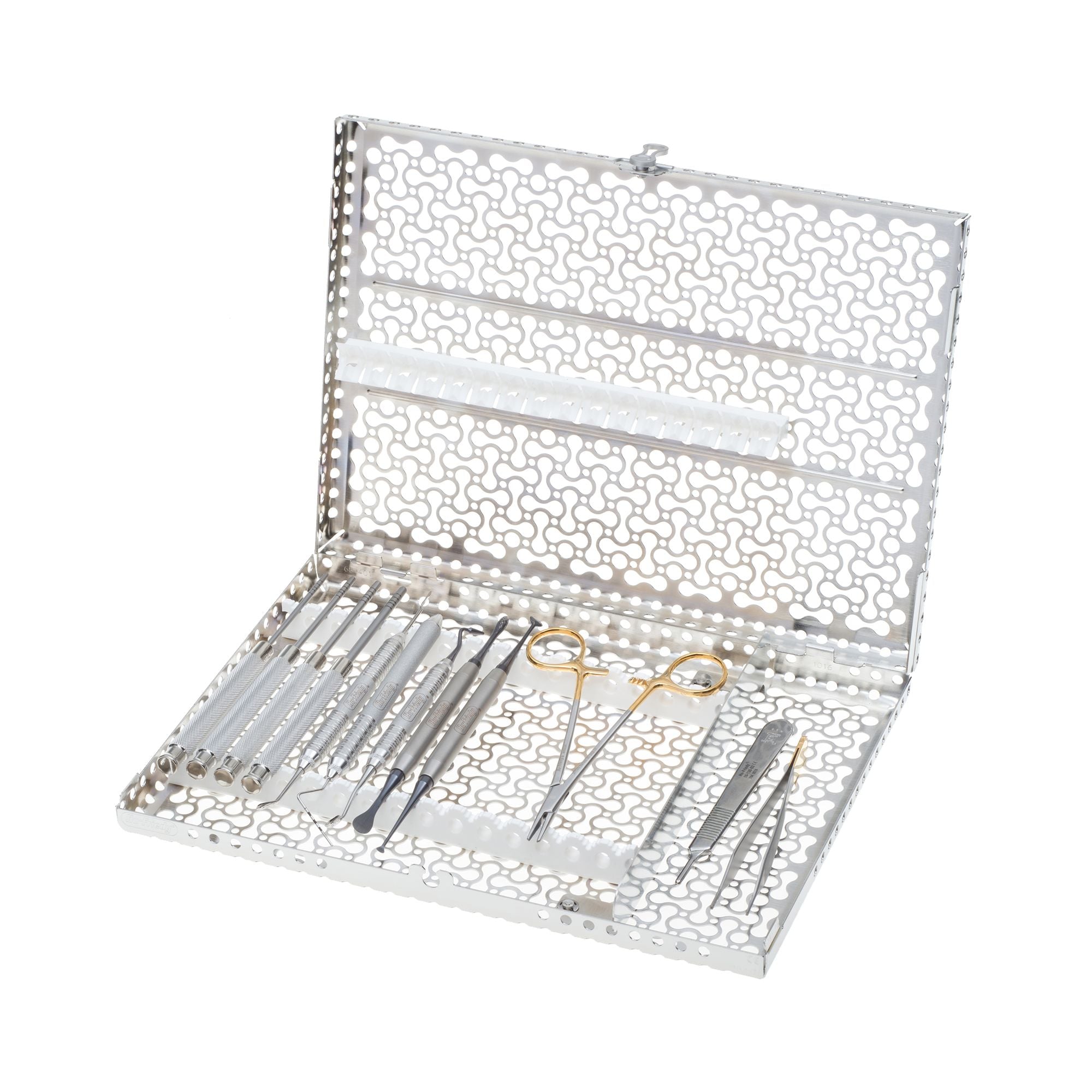 A perforated metal case opens to reveal the Hu-Friedy Crestal Sinus Lift Kit, Black Line: precision dental instruments including picks, forceps, and tweezers, all neatly arranged in designated slots.