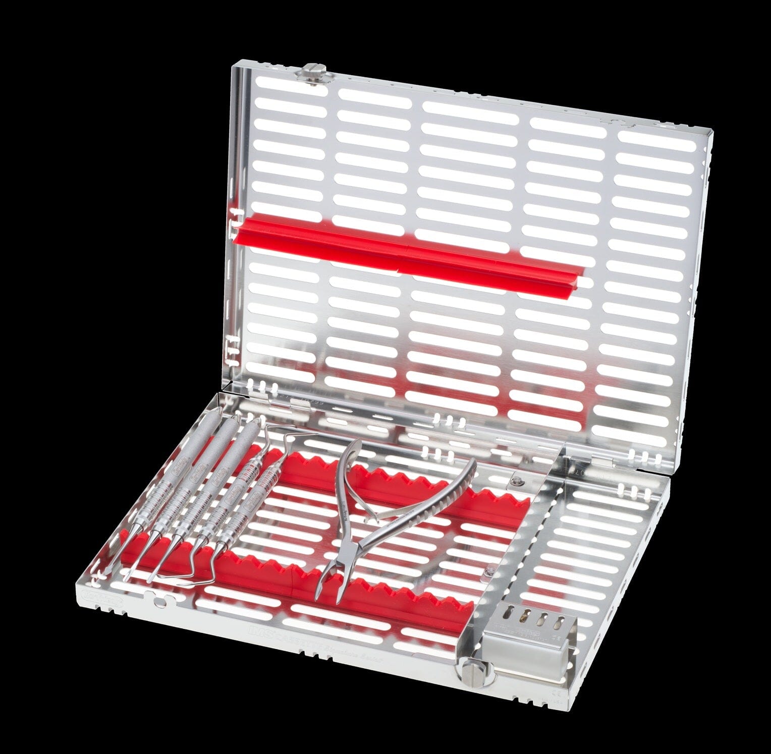 The Hu-Friedy Rescue Kit by Hu-Friedy is a metal dental instrument tray with red silicone holders, containing tools like pliers and probes for tough extractions and root retrieval, shown open against a black background.