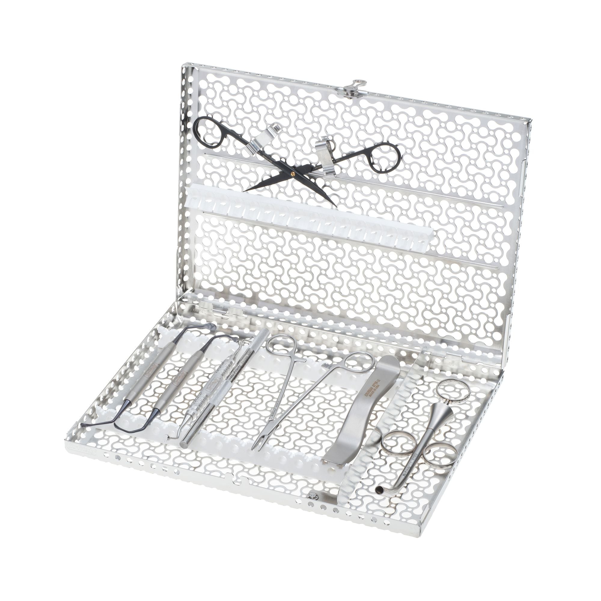 A perforated metal case displays the Hu-Friedy Lateral Sinus Lift Kit, Black Line, featuring assorted stainless steel surgical instruments—scissors, forceps, clamps—all neatly organized inside.