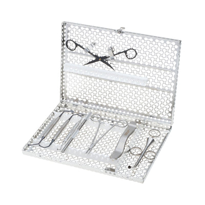 A perforated metal case displays the Hu-Friedy Lateral Sinus Lift Kit, Black Line, featuring assorted stainless steel surgical instruments—scissors, forceps, clamps—all neatly organized inside.