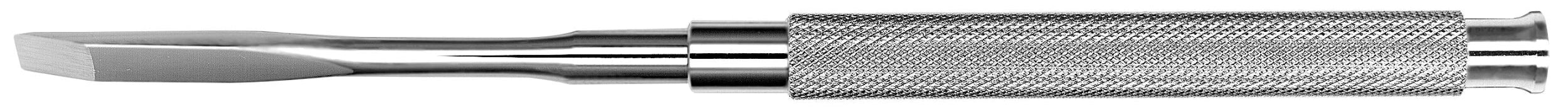 Close-up of a Hu-Friedy Kramer-Nevins Bone Chisel, featuring a textured handle, flat angled tip on one end, and a rounded curved end, resembling periodontal surgical tools designed for precision use.