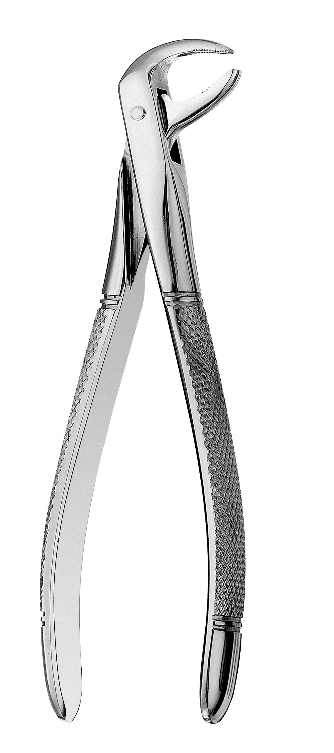 The Hu-Friedy #74 European Style Forceps, Serrated, features textured handles for grip and a curved, beak-shaped tip. Its shiny metal surface and serrated design allow dentists secure handling for tooth removal.